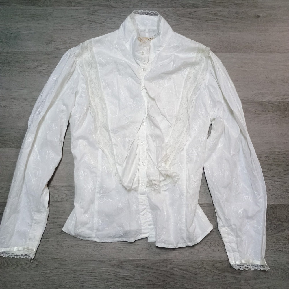 Vtg Scully Lace White Floral Button Down Western Mock Neck Shirt Medium